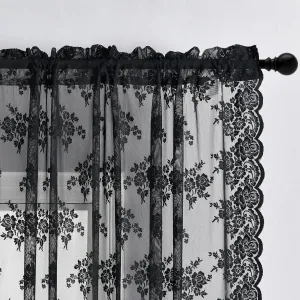 Kotile Short Black Lace Curtains 36 Inch Length 2 Panels, Country Rustic Floral Goth Floral Sheer Curtains for Small Window, Rod Pocket Privacy Lace Cafe Curtains, 42 x 36 Inch Each, 1 Pair, Black