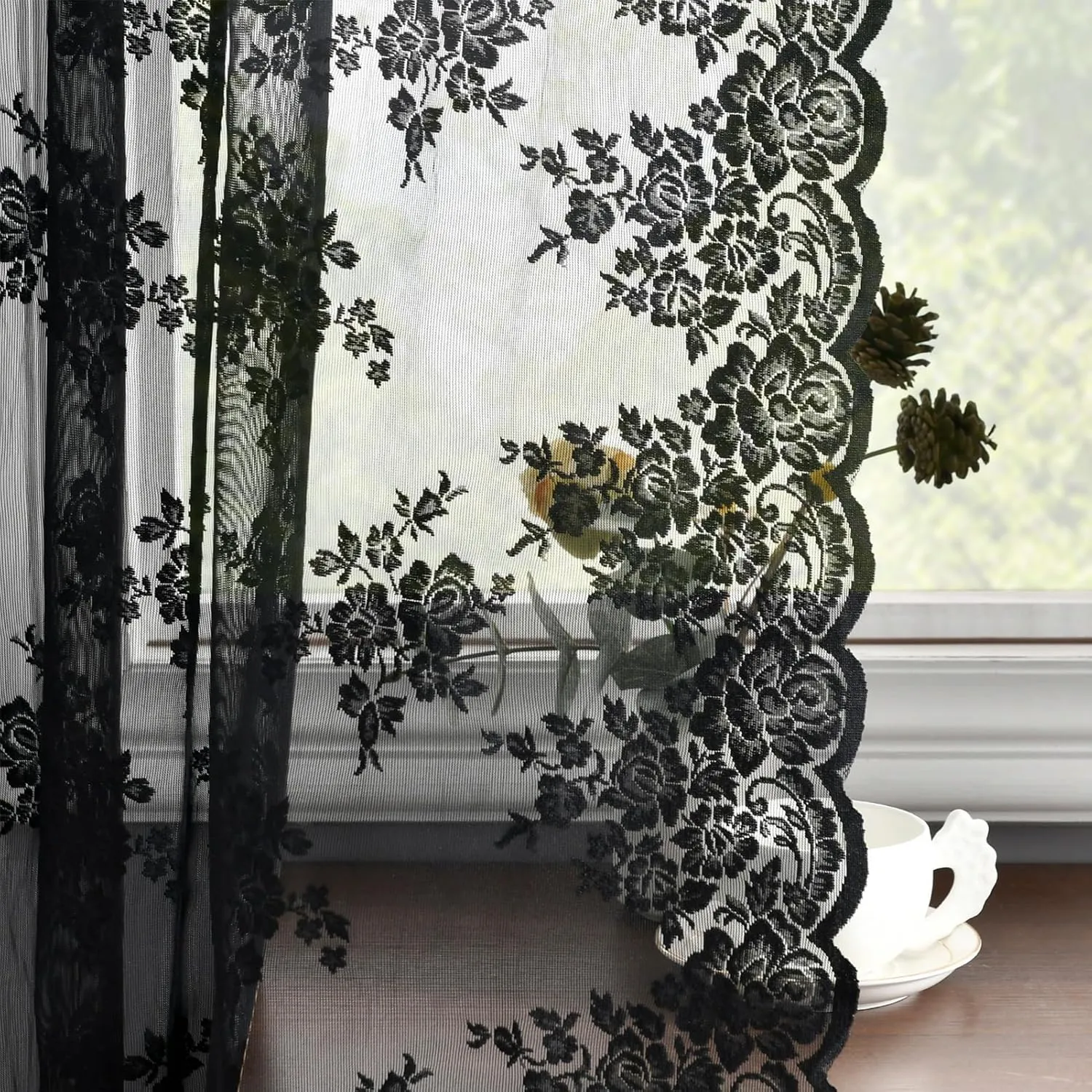 Kotile Short Black Lace Curtains 36 Inch Length 2 Panels, Country Rustic Floral Goth Floral Sheer Curtains for Small Window, Rod Pocket Privacy Lace Cafe Curtains, 42 x 36 Inch Each, 1 Pair, Black
