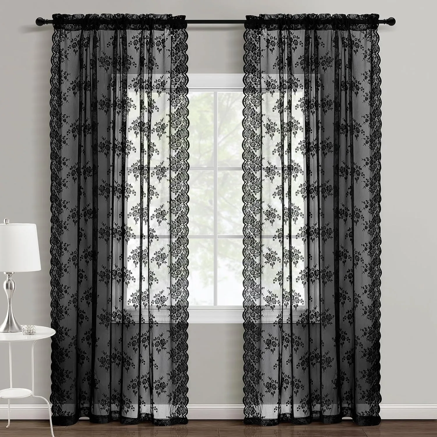 Kotile Short Black Lace Curtains 36 Inch Length 2 Panels, Country Rustic Floral Goth Floral Sheer Curtains for Small Window, Rod Pocket Privacy Lace Cafe Curtains, 42 x 36 Inch Each, 1 Pair, Black