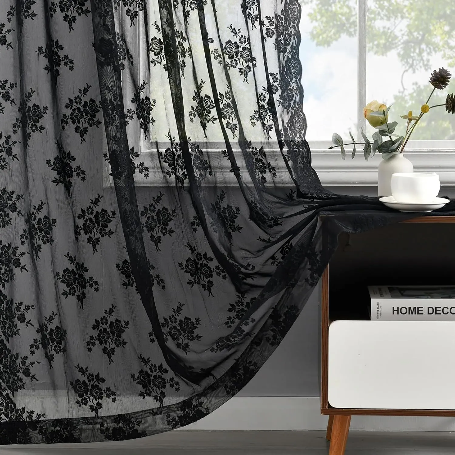 Kotile Short Black Lace Curtains 36 Inch Length 2 Panels, Country Rustic Floral Goth Floral Sheer Curtains for Small Window, Rod Pocket Privacy Lace Cafe Curtains, 42 x 36 Inch Each, 1 Pair, Black