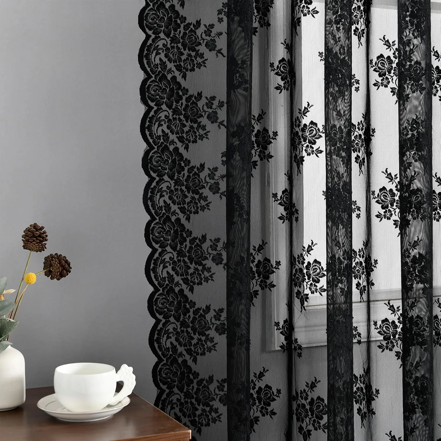 Kotile Short Black Lace Curtains 36 Inch Length 2 Panels, Country Rustic Floral Goth Floral Sheer Curtains for Small Window, Rod Pocket Privacy Lace Cafe Curtains, 42 x 36 Inch Each, 1 Pair, Black