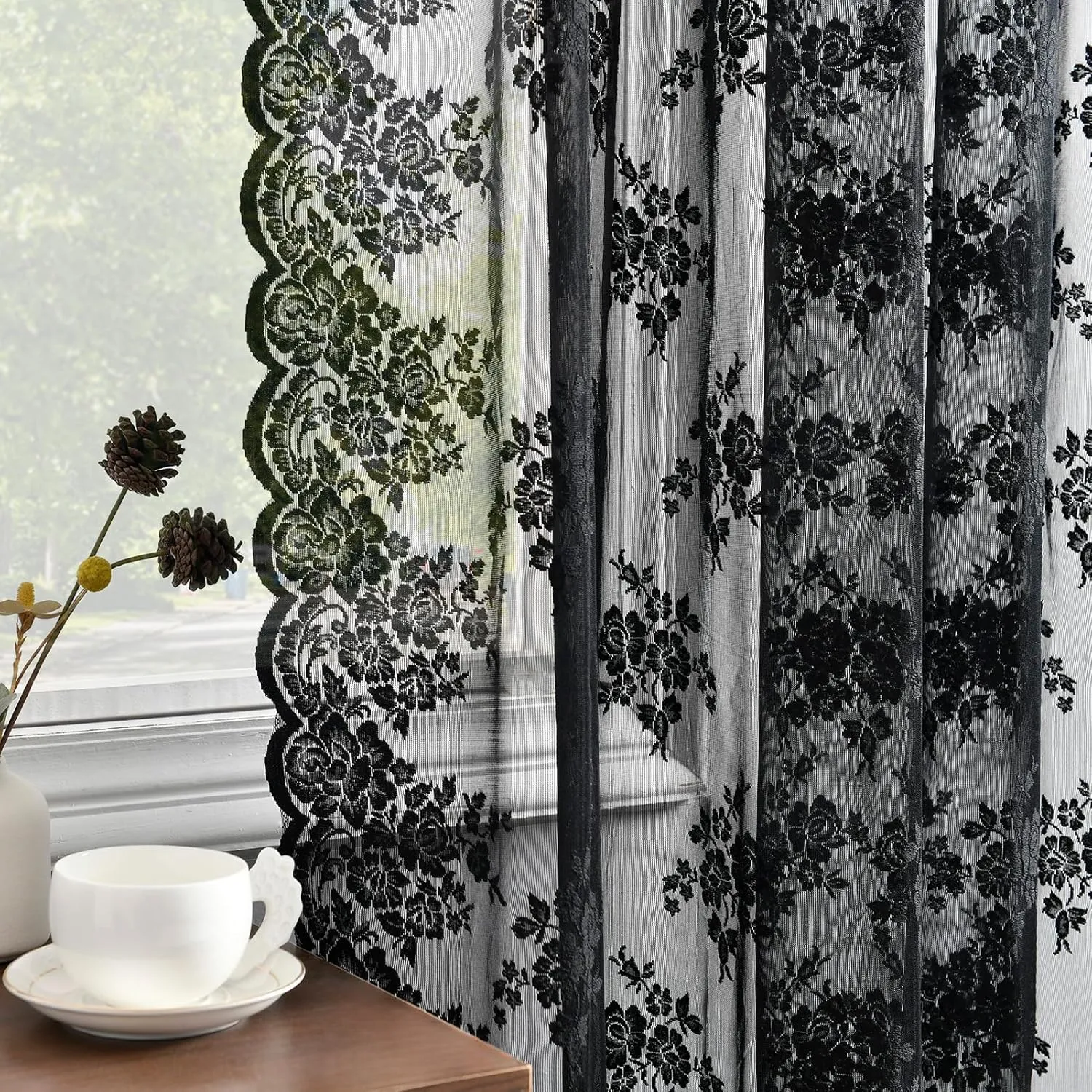 Kotile Short Black Lace Curtains 36 Inch Length 2 Panels, Country Rustic Floral Goth Floral Sheer Curtains for Small Window, Rod Pocket Privacy Lace Cafe Curtains, 42 x 36 Inch Each, 1 Pair, Black
