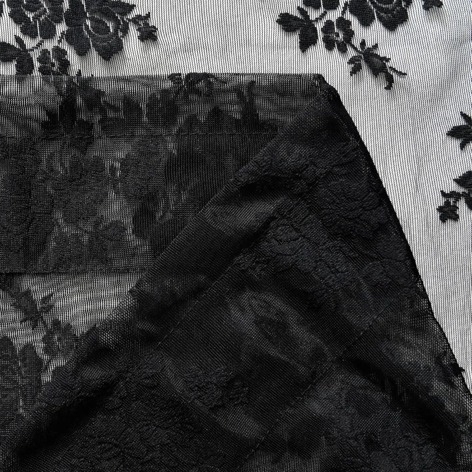 Kotile Short Black Lace Curtains 36 Inch Length 2 Panels, Country Rustic Floral Goth Floral Sheer Curtains for Small Window, Rod Pocket Privacy Lace Cafe Curtains, 42 x 36 Inch Each, 1 Pair, Black