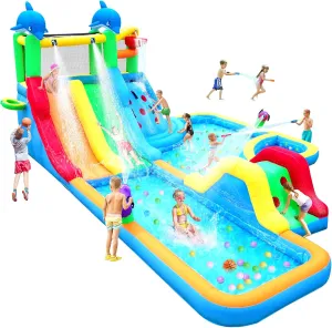 Large Inflatable Water Slide Bounce House 20Ftx14Ft Dolphin Styling Double Water Slide with Climbing Wall Pool Water Cannon Basketball 680W Blower for Kids Backyard Summer Birthday Party