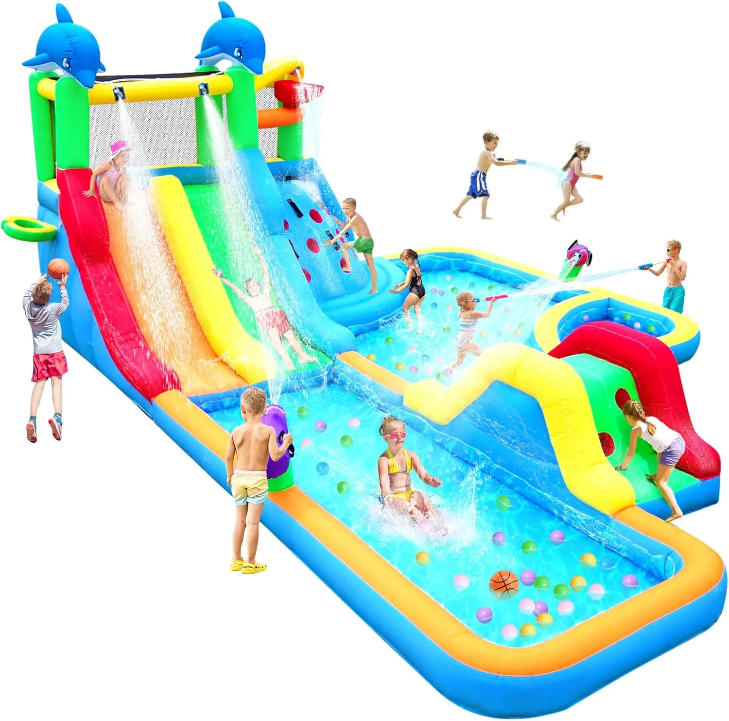 Large Inflatable Water Slide Bounce House 20Ftx14Ft Dolphin Styling Double Water Slide with Climbing Wall Pool Water Cannon Basketball 680W Blower for Kids Backyard Summer Birthday Party