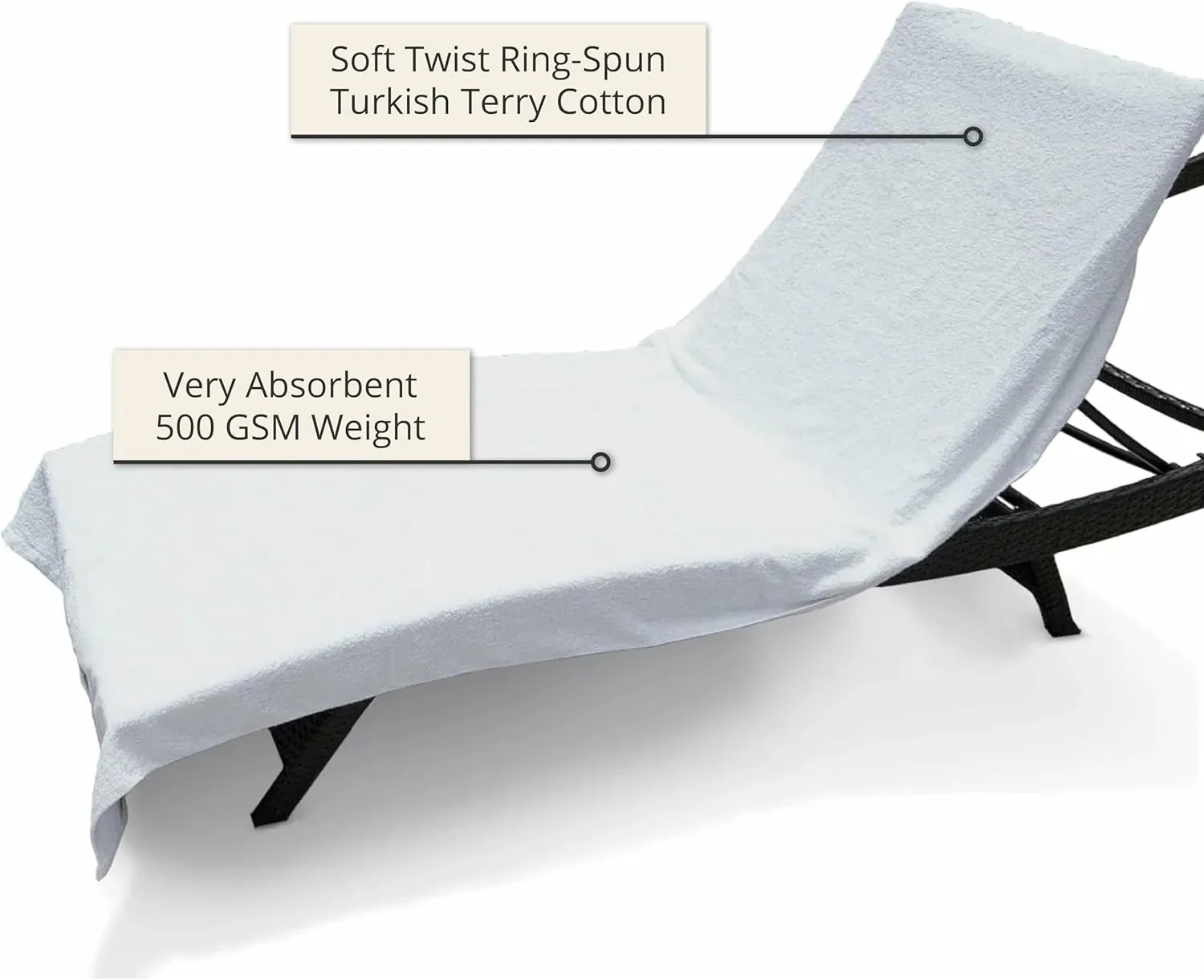 Large Luxury Chaise Pool/Lounge Chair Cover Towel - Fitted Elastic Pocket Won't Slide (White) Versatile Size Pocket Fits Most Standard Cushions. Protective, Absorbent, Easy Care