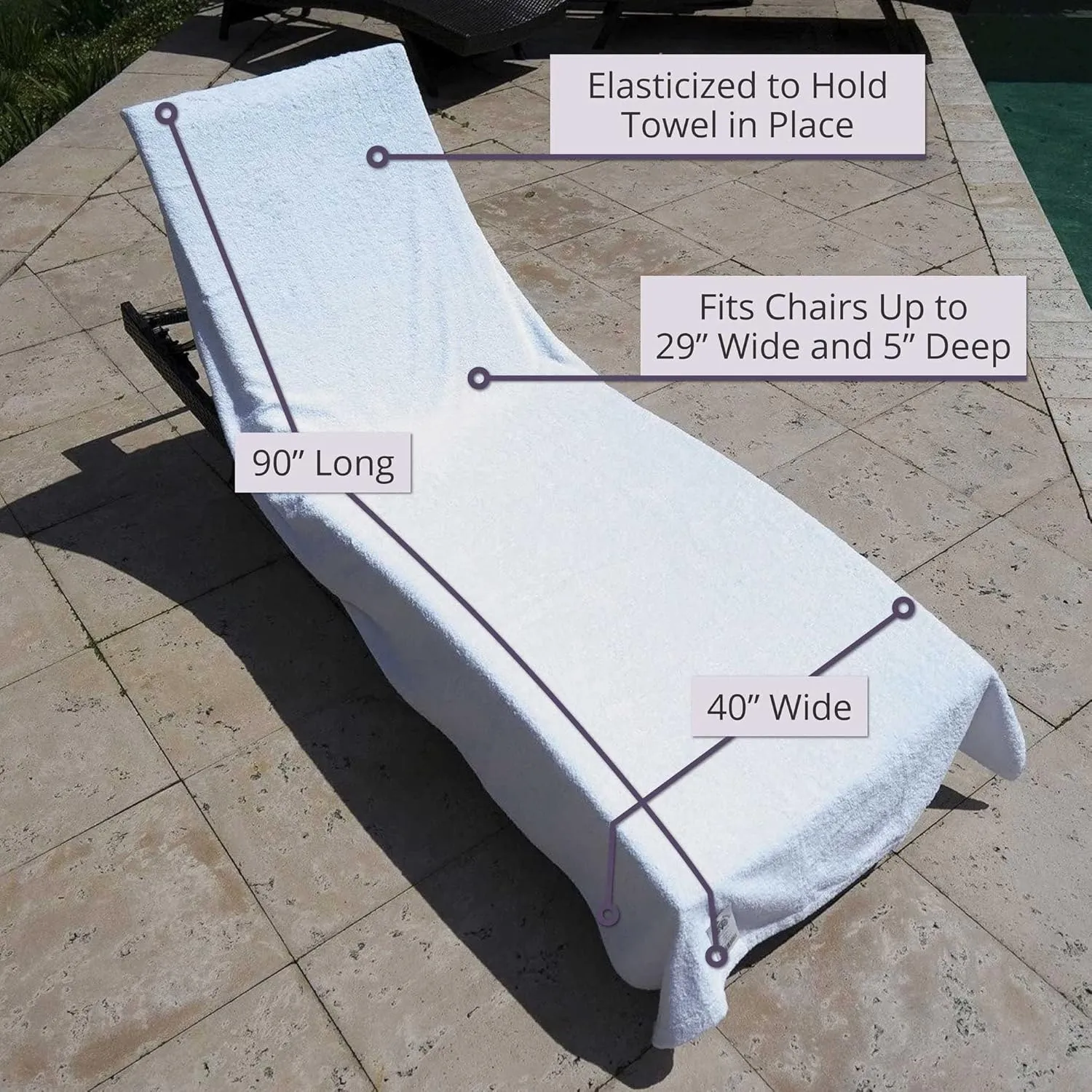 Large Luxury Chaise Pool/Lounge Chair Cover Towel - Fitted Elastic Pocket Won't Slide (White) Versatile Size Pocket Fits Most Standard Cushions. Protective, Absorbent, Easy Care