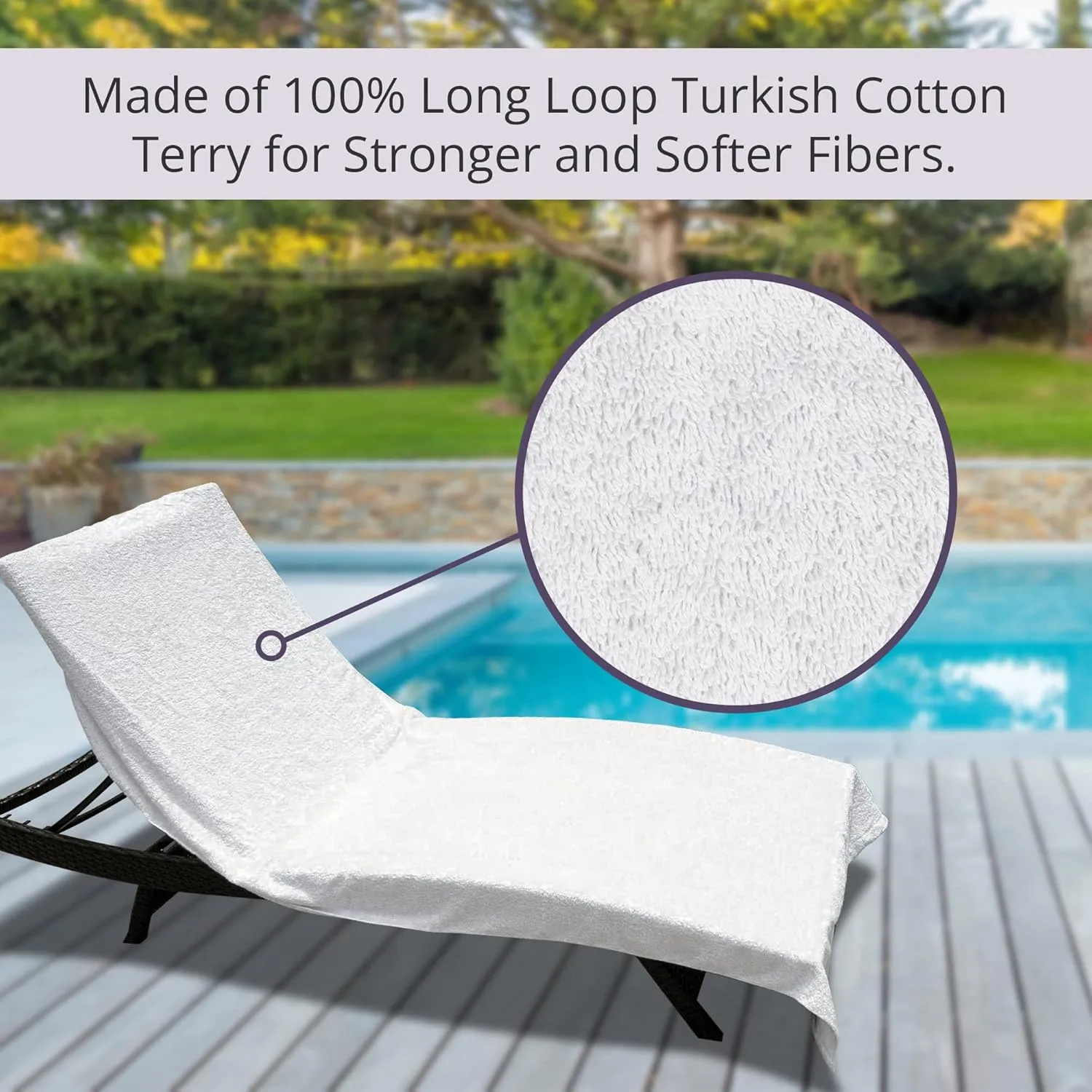 Large Luxury Chaise Pool/Lounge Chair Cover Towel - Fitted Elastic Pocket Won't Slide (White) Versatile Size Pocket Fits Most Standard Cushions. Protective, Absorbent, Easy Care
