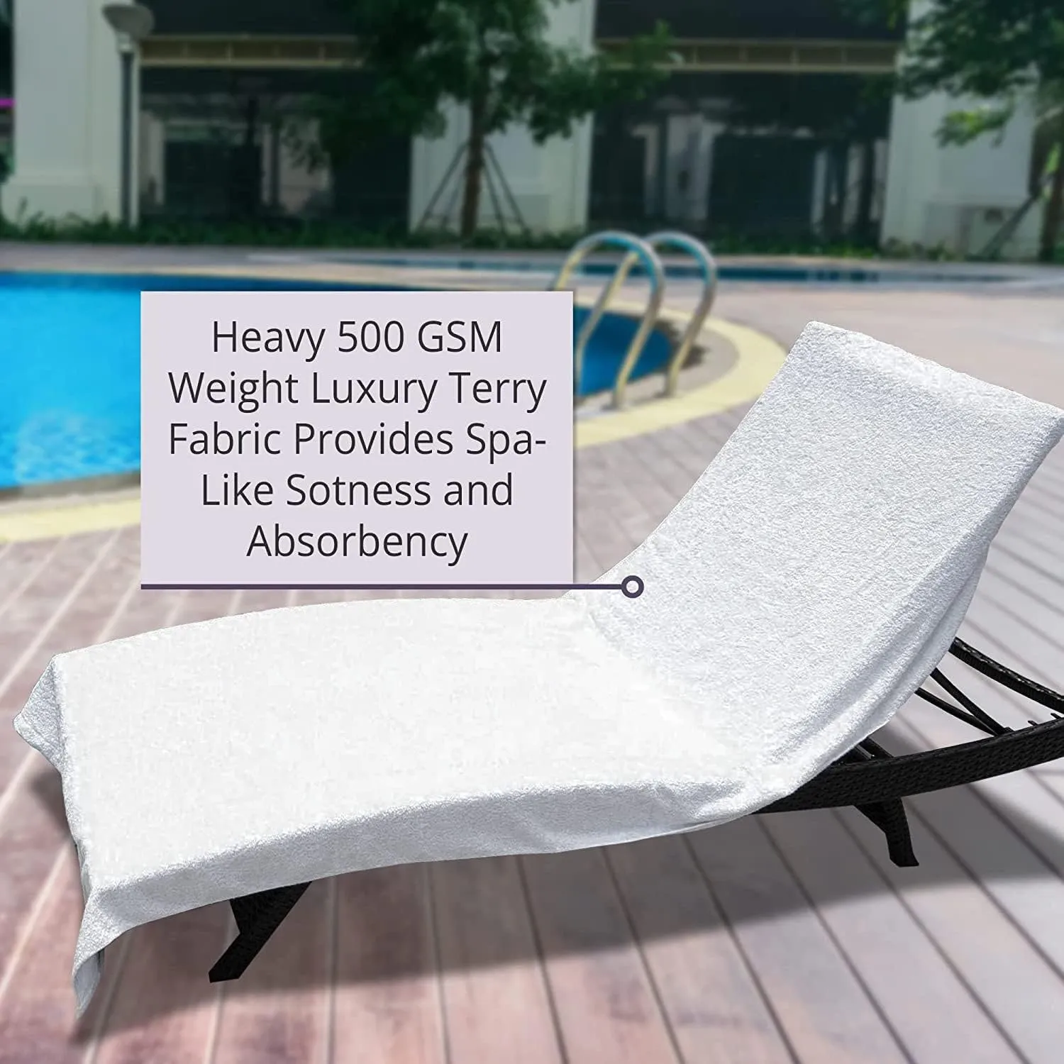 Large Luxury Chaise Pool/Lounge Chair Cover Towel - Fitted Elastic Pocket Won't Slide (White) Versatile Size Pocket Fits Most Standard Cushions. Protective, Absorbent, Easy Care