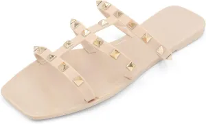 LAVRA Womens Studded Slide Sandals PVC Flat Flip Flop Jelly Shoes Nude