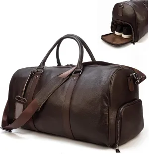 Leather Travel Bag Large Capacity Luggage Duffel Bag with Shoe Compartment, Men Women Weekend Shoulder Handbag for Holiday Business Trip (55cm-Brown)