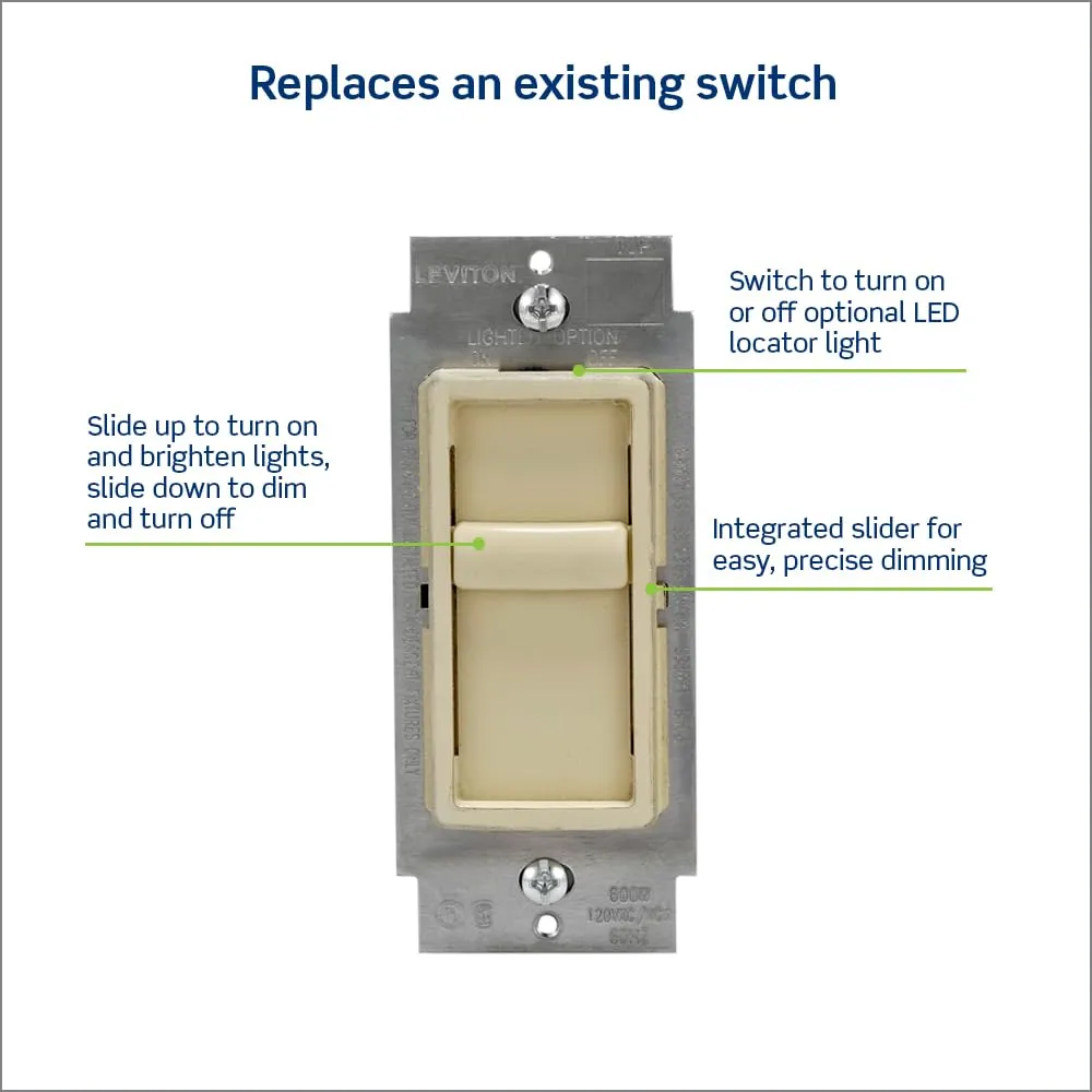 Leviton SureSlide Dimmer Switch for Dimmable LED, Halogen and Incandescent Bulbs, 6672-1LI, Ivory