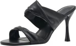 LizFoYa Women Two Straps Heeled Sandals Easy Slide Square Toe Heeled Sandals Twisted Leather Slip Ons