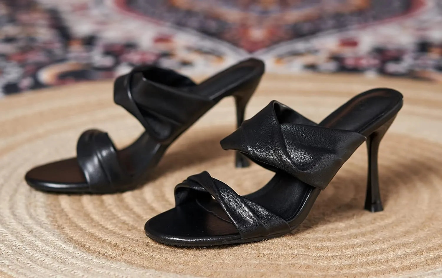 LizFoYa Women Two Straps Heeled Sandals Easy Slide Square Toe Heeled Sandals Twisted Leather Slip Ons