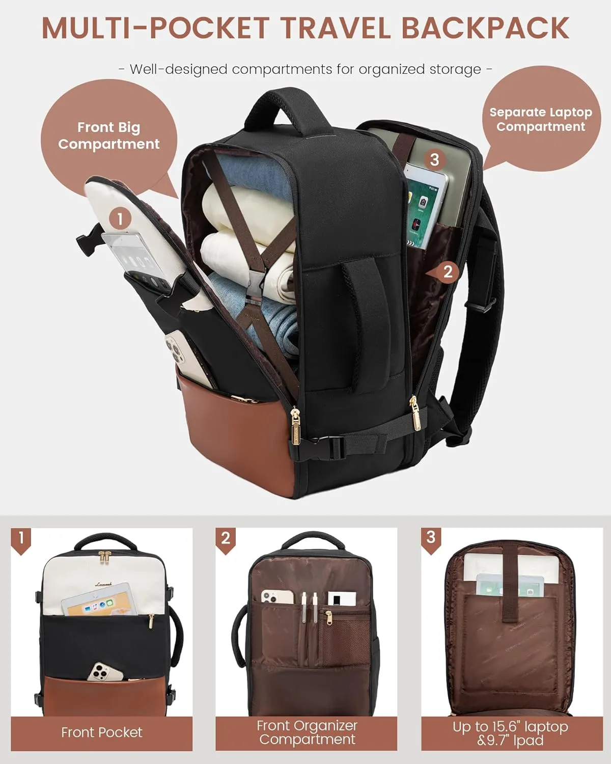 LOVEVOOK Travel Backpack for Women, Carry On Backpack Flight Approved with 3 Packing Cubes,TSA Personal Item Travel Bag Fits 15.6” Laptop,Weekender Hiking Business Luggage Daypack Beige Black Brown