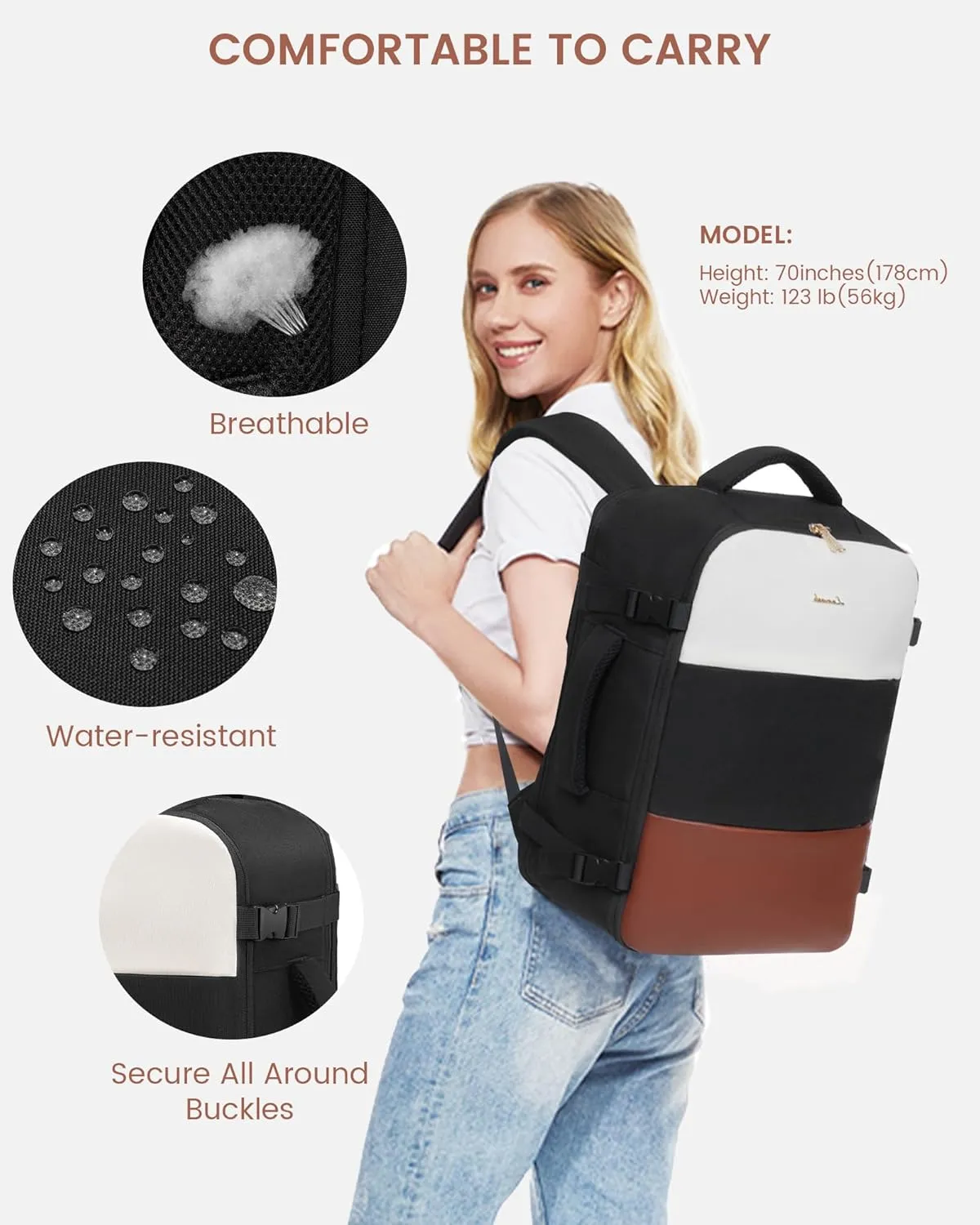 LOVEVOOK Travel Backpack for Women, Carry On Backpack Flight Approved with 3 Packing Cubes,TSA Personal Item Travel Bag Fits 15.6” Laptop,Weekender Hiking Business Luggage Daypack Beige Black Brown