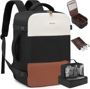 LOVEVOOK Travel Backpack for Women, Carry On Backpack Flight Approved with 3 Packing Cubes,TSA Personal Item Travel Bag Fits 15.6” Laptop,Weekender Hiking Business Luggage Daypack Beige Black Brown