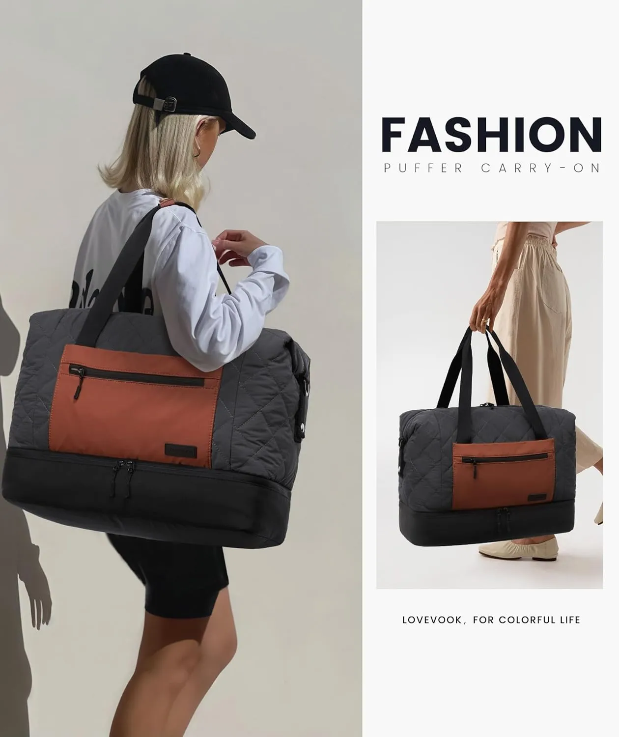 LOVEVOOK Weekender Bags for Women, Puffer Travel Duffel Bags for Woman, Large Hospital Bag for Women Labor Delivery with Shoe Compartment, Carry On Overnight Bag, Personal Item Travel Bag for Airplane