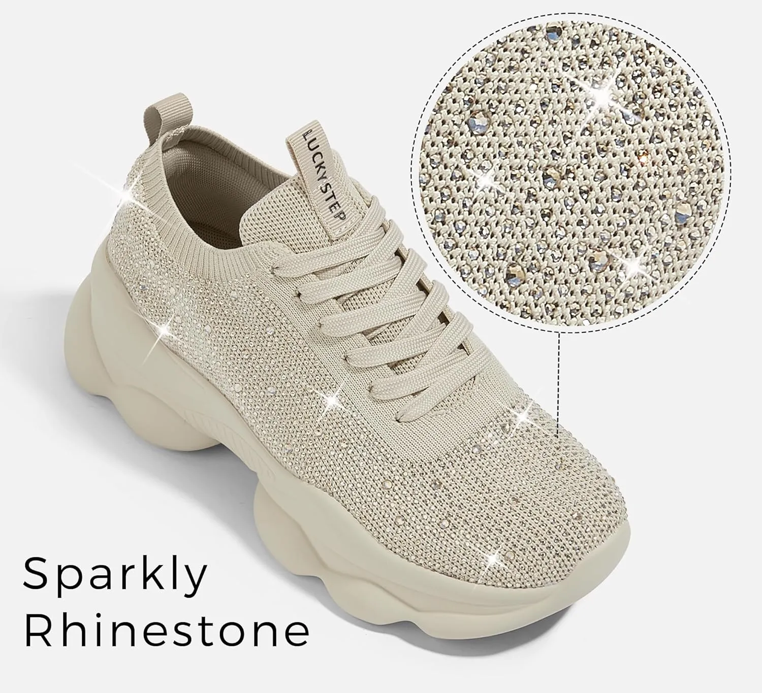 LUCKY STEP Women's Chunky Rhinestone Sneaker Sparkly Bling Bedazzled Mesh Slip on Elastic Sock Glitter Shiny Rave Walking Shoes