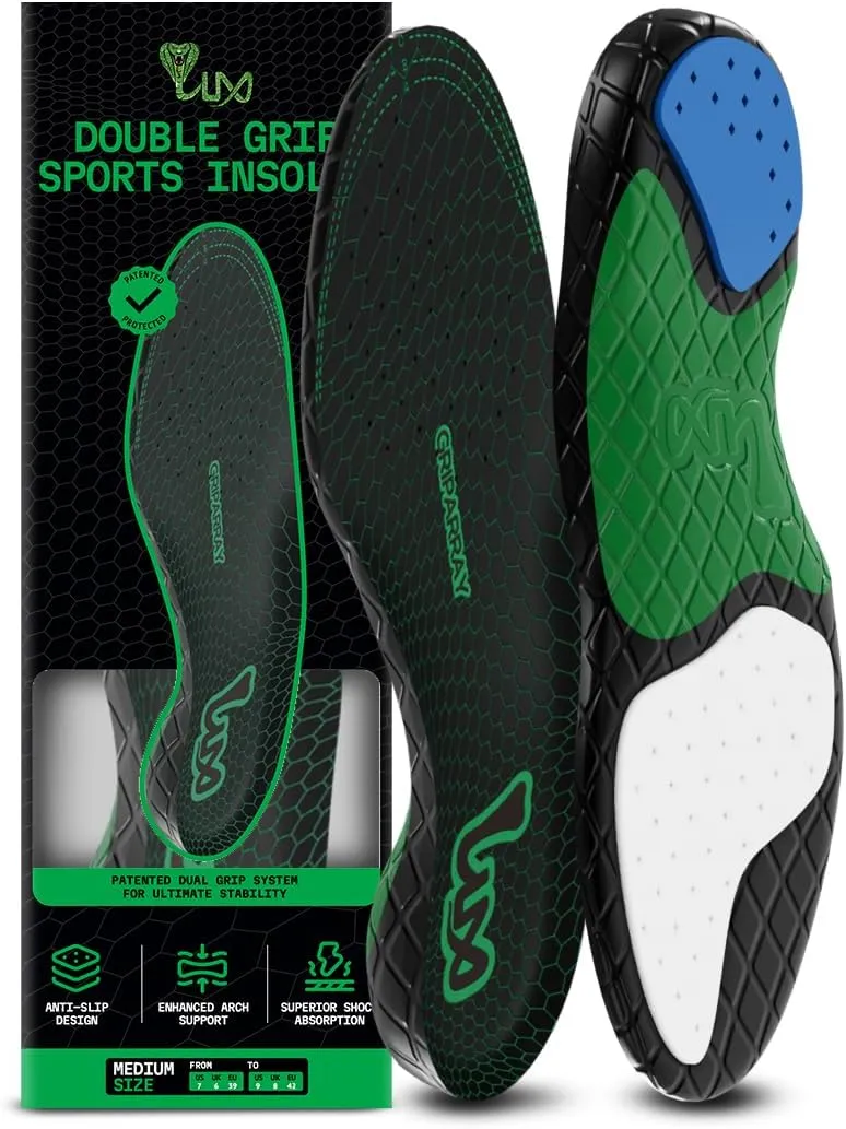 LUX Dual Grip Sports Insoles with GripArray - Easily Trimmed to Fit Any Foot Shape - Shock Absorbing Athletic Performance Sport Insoles - Shoe Inserts for Women & Men's Soccer, Running, Basketball