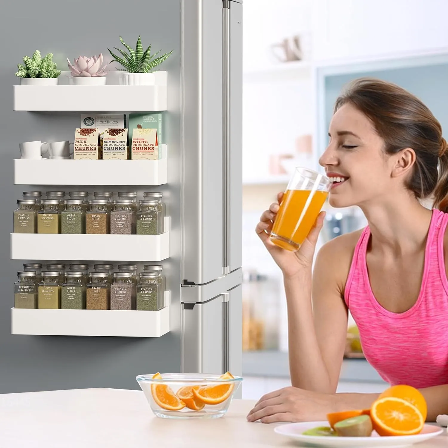 Magnetic Spice Rack for Refrigerator, Kitchen Organizer and Storage Shelf, White (4 Pack)…