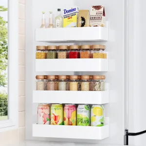 Magnetic Spice Rack for Refrigerator, Kitchen Organizer and Storage Shelf, White (4 Pack)…