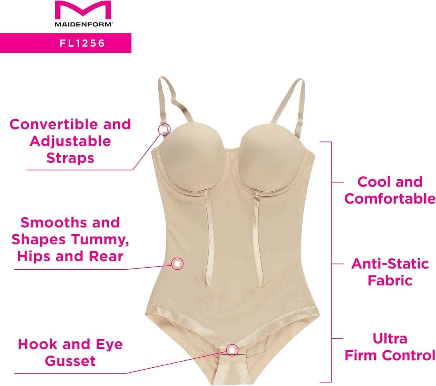 Maidenform Women's Shapewear Tummy Control Bodysuit, Built-In Bra Convertible to Strapless, Ultra Firm Shapewear Bodysuit