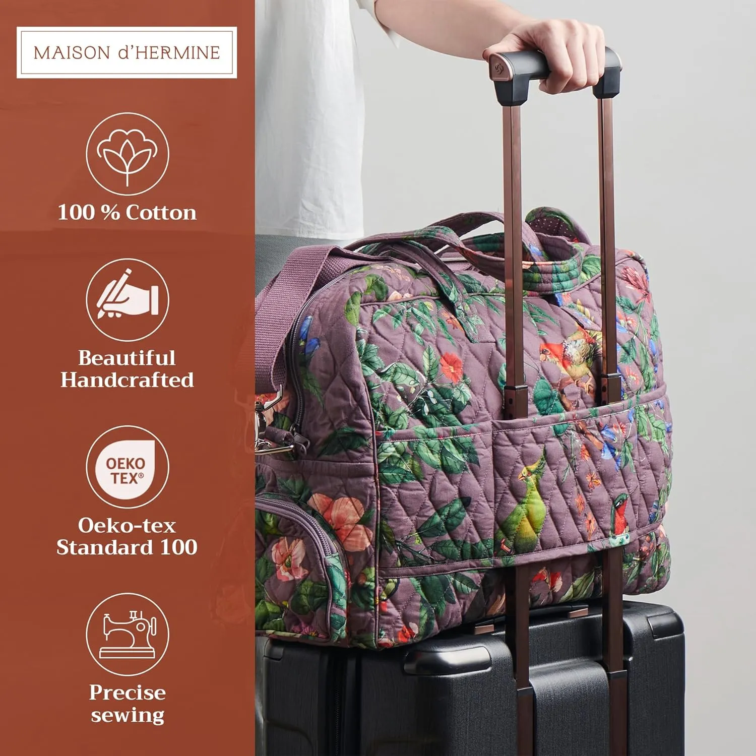 Maison d' Hermine Weekend Bag Cotton Quilted Duffel Overnight Luggage Weekender Gym Bag for Gifts Travel Men Women Business Travellers Family Trip, Eden - Violet