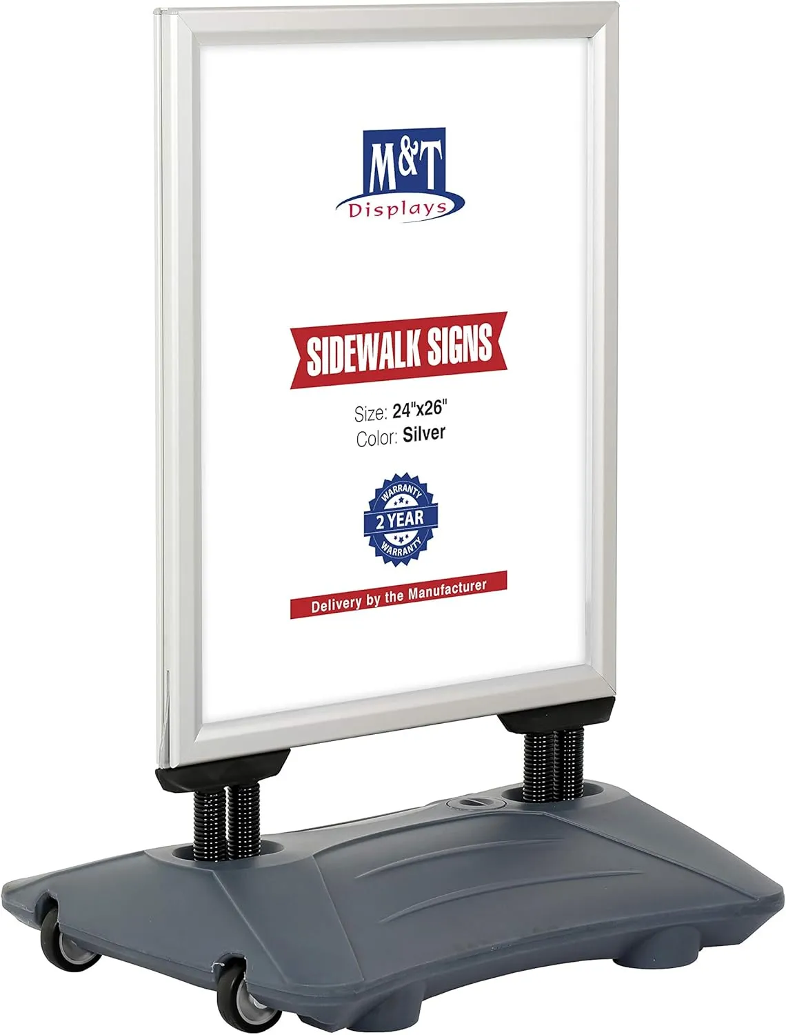 M&T Displays Slide-in WindPro Weather and Wind Resistant Outdoor Pavement Sidewalk Sign for 24x36 Posters Silver Aluminum Easy Loading Slide-in Frame with Durable HDPE Silver Water Base