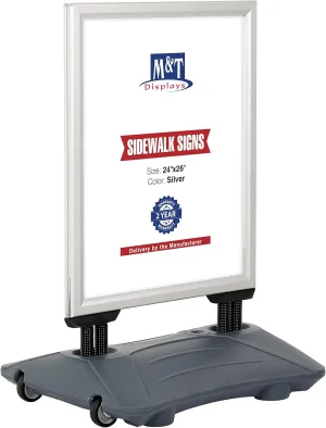 M&T Displays Slide-in WindPro Weather and Wind Resistant Outdoor Pavement Sidewalk Sign for 30x40 Posters Silver Aluminum Easy Loading Slide-in Frame with Durable HDPE Silver Water Base