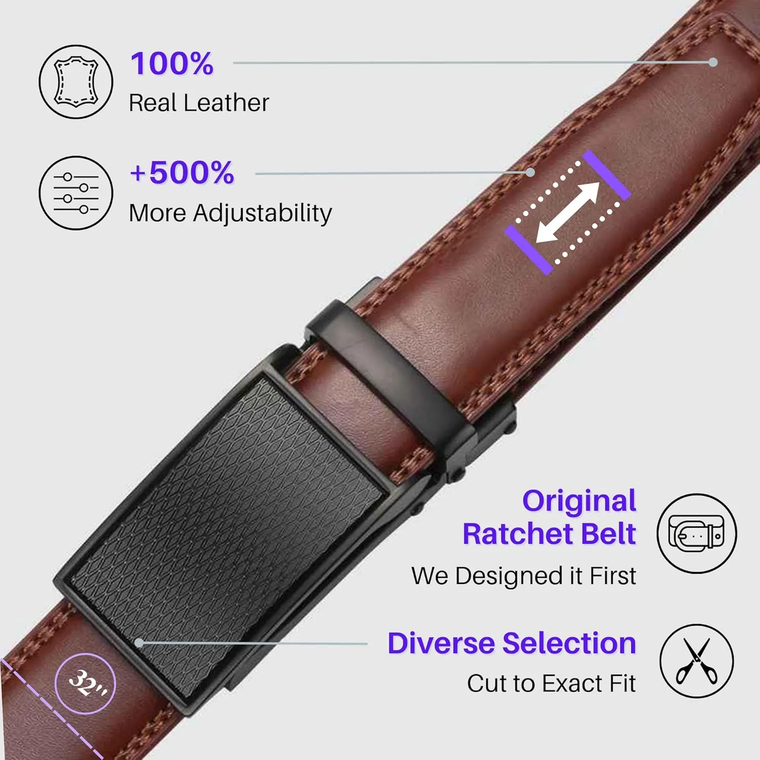 Marino Avenue Ratchet Belt for Men. Adjustable Leather Dress Belt with 38 Easy to Click Into Place Ratchet Closures.