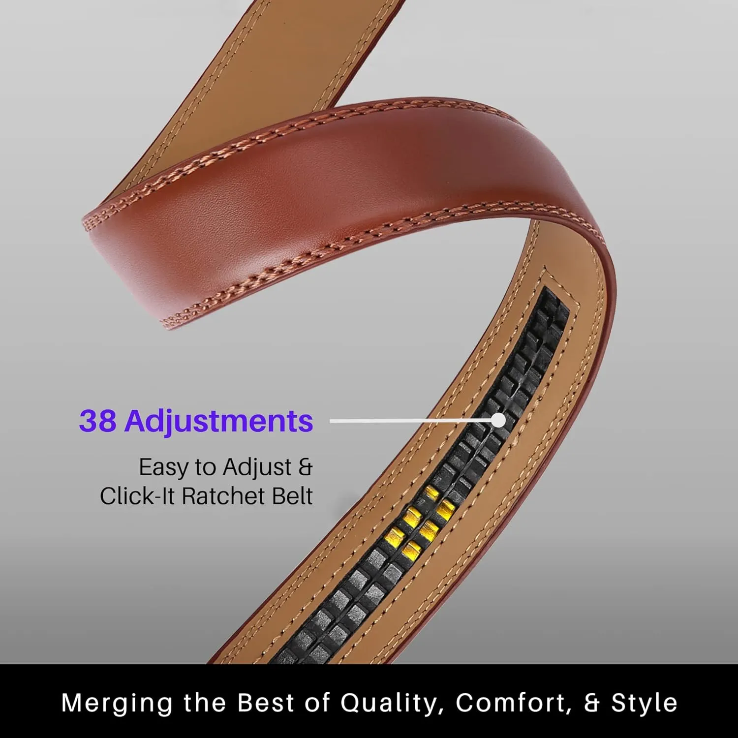 Marino Avenue Ratchet Belt for Men. Adjustable Leather Dress Belt with 38 Easy to Click Into Place Ratchet Closures.