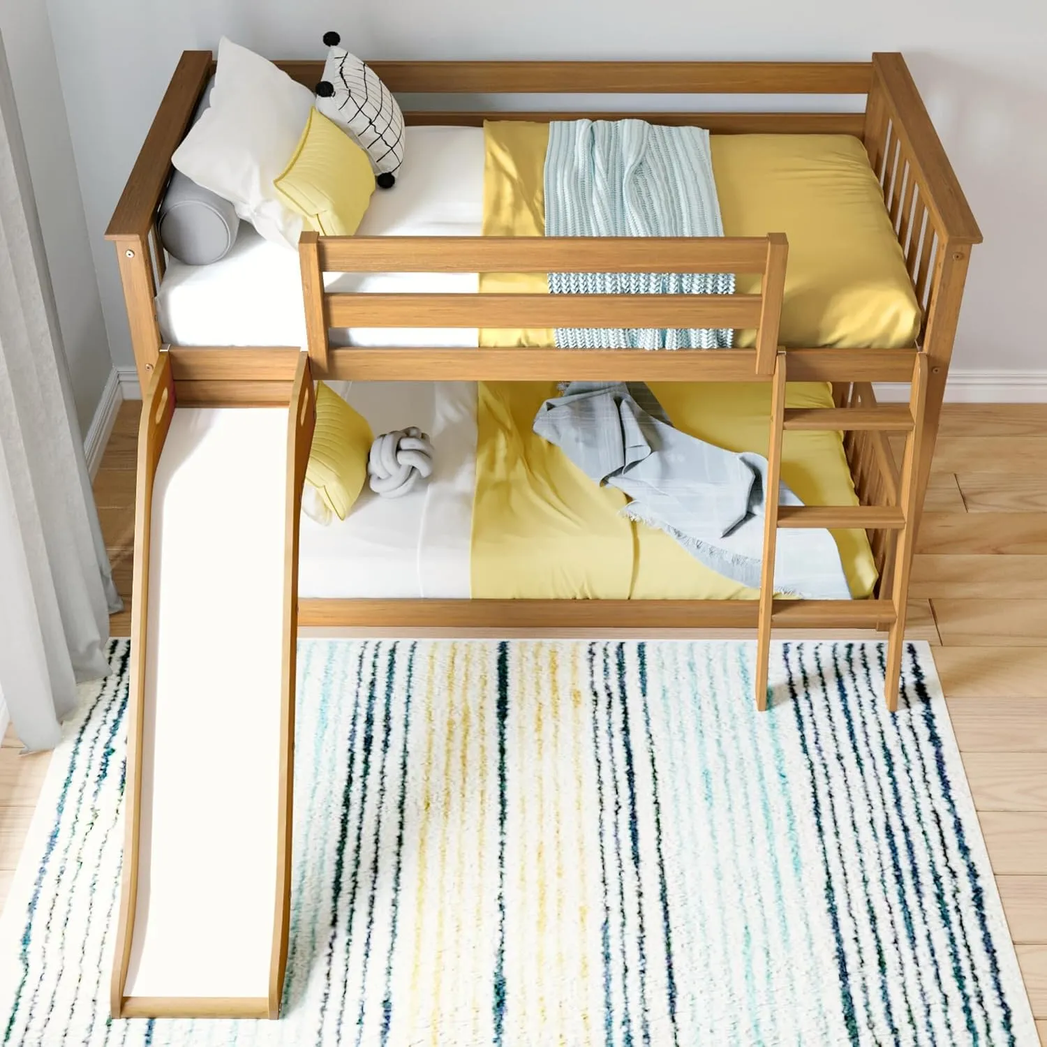 Max & Lily Twin Over Twin Low Bunk with Slide and Ladder, Wooden Bunk beds with 14” Safety Guardrail for Kids, Toddlers, Boys, Girls, Teens, Bedroom Furniture, Pecan