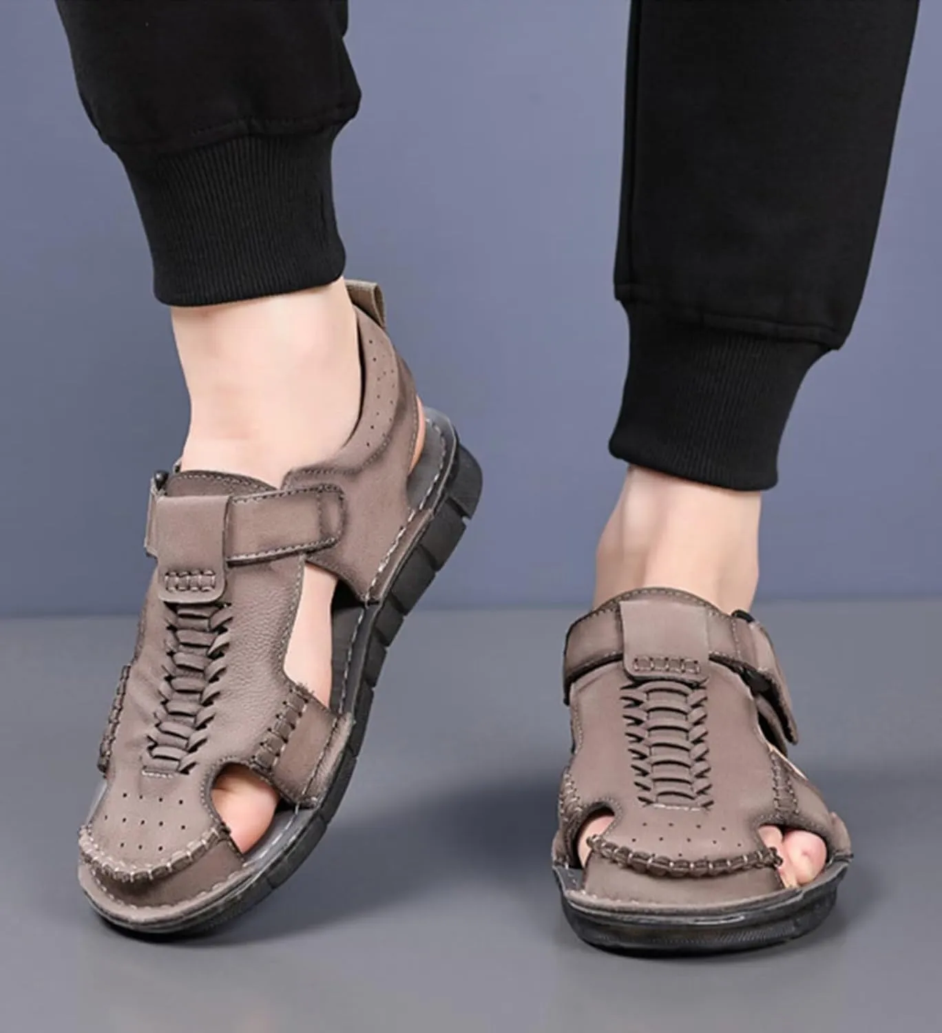 Mens Hiking Sandals Leather Outdoor Sports Summer Beach Fisherman Water Shoes Walking Closed Toe Trekking Sandals Comfort Casual Breathable Non-Slip Athletic Sandals