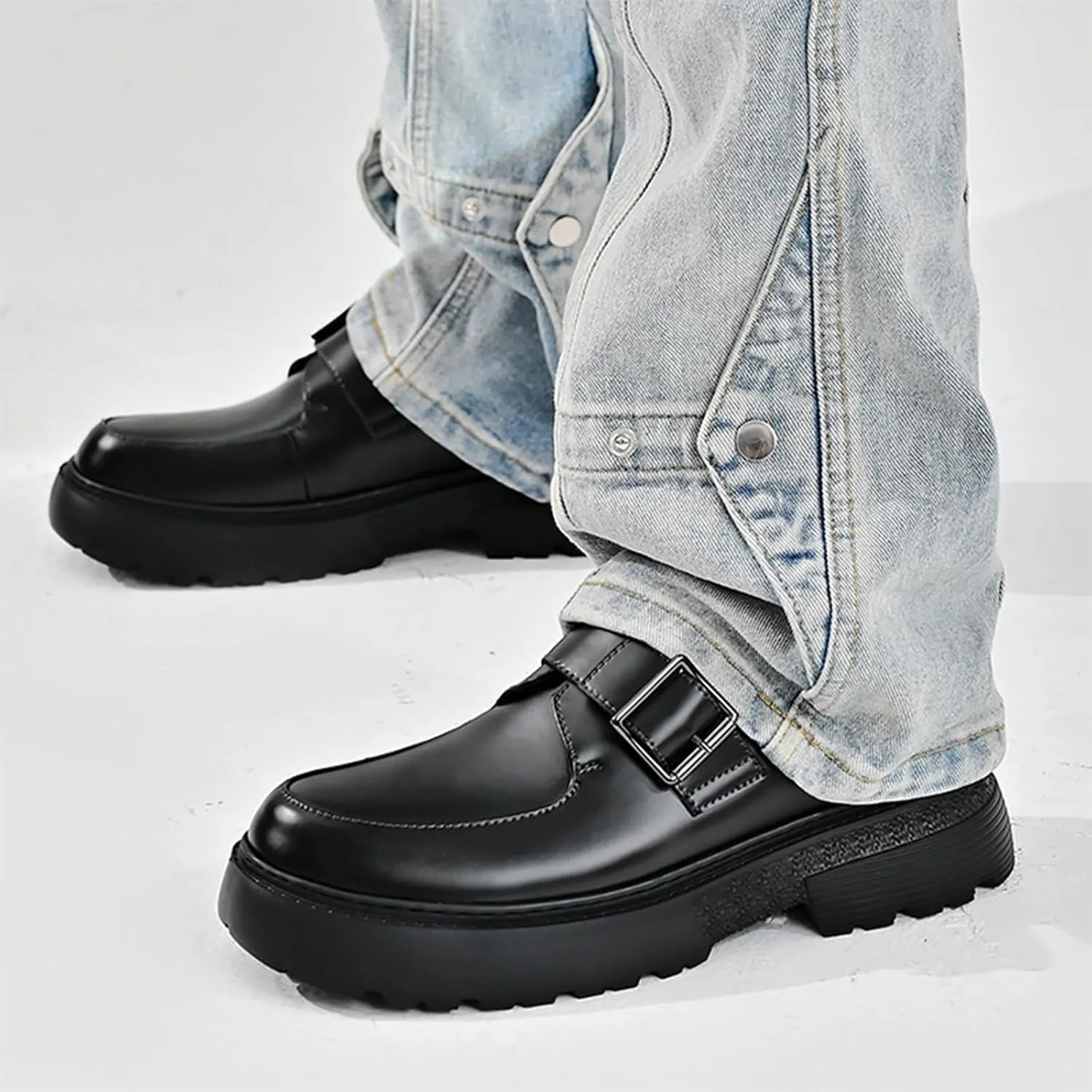 Men's Leather Monk Strap Platform Chunky Heel Loafers Retro Classic Round Toe Heightening Non Slip Lug Sole Slip on Business Block Heel Dress Loafers for Work Wedding