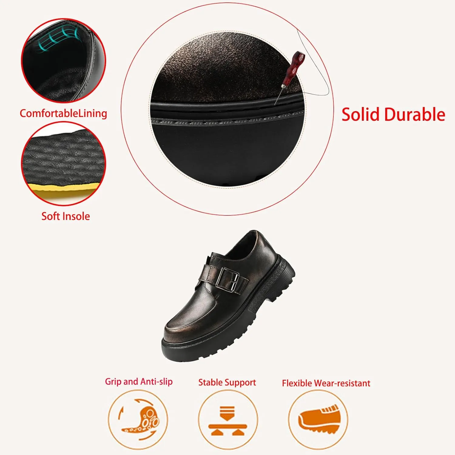 Men's Leather Monk Strap Platform Chunky Heel Loafers Retro Classic Round Toe Heightening Non Slip Lug Sole Slip on Business Block Heel Dress Loafers for Work Wedding