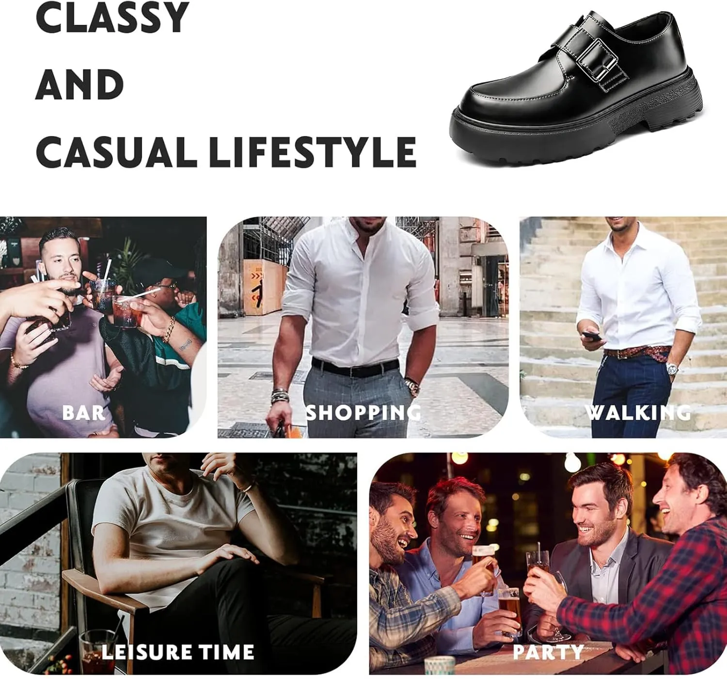 Men's Leather Monk Strap Platform Chunky Heel Loafers Retro Classic Round Toe Heightening Non Slip Lug Sole Slip on Business Block Heel Dress Loafers for Work Wedding