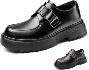 Men's Leather Monk Strap Platform Chunky Heel Loafers Retro Classic Round Toe Heightening Non Slip Lug Sole Slip on Business Block Heel Dress Loafers for Work Wedding