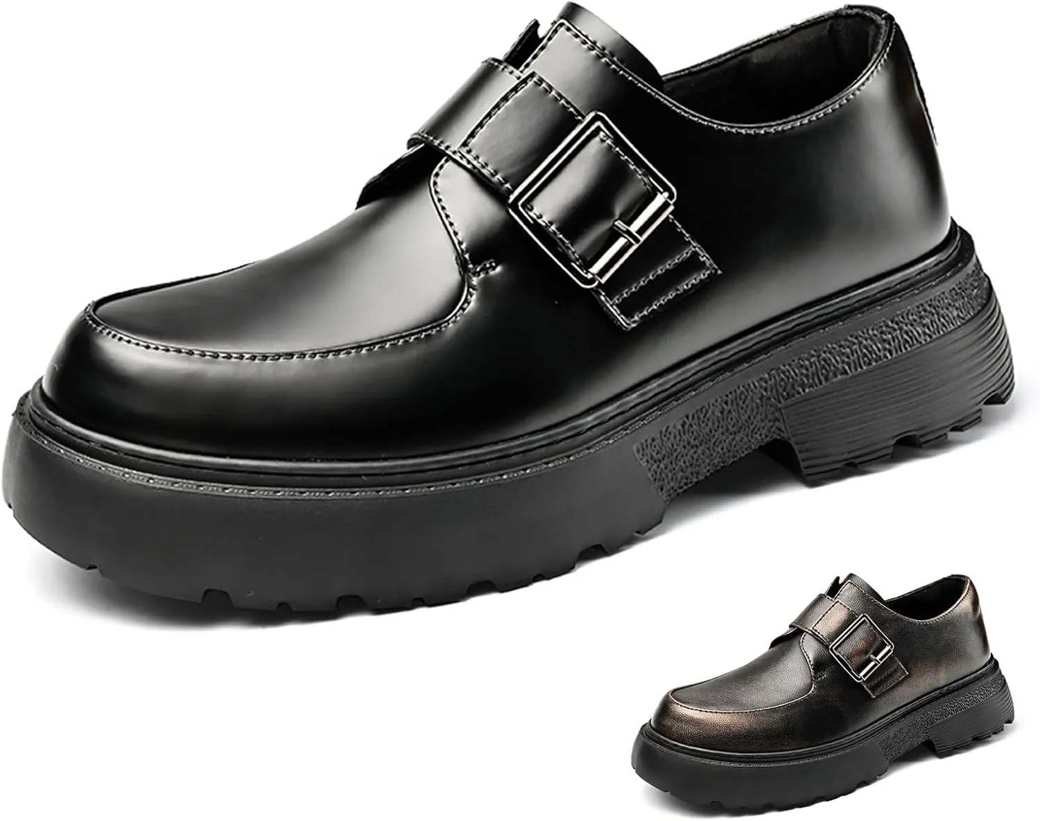 Men's Leather Monk Strap Platform Chunky Heel Loafers Retro Classic Round Toe Heightening Non Slip Lug Sole Slip on Business Block Heel Dress Loafers for Work Wedding