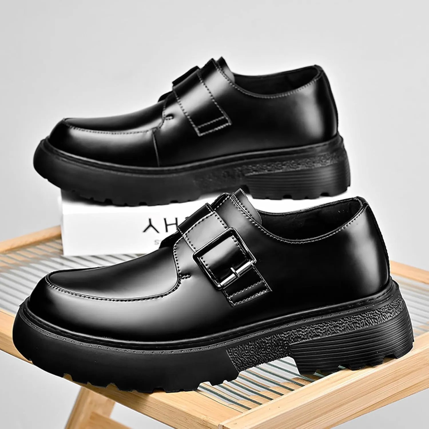 Men's Leather Monk Strap Platform Chunky Heel Loafers Retro Classic Round Toe Heightening Non Slip Lug Sole Slip on Business Block Heel Dress Loafers for Work Wedding