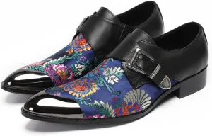 Mens Loafers Casual Dress Buckle Monk Strap Loafers Genunie Leather Metal Wingtip Embroidered Flower Mocasines Ballroom Party Disco Western Loafer Fashion Two Tone Tuxedo Shoes for Men