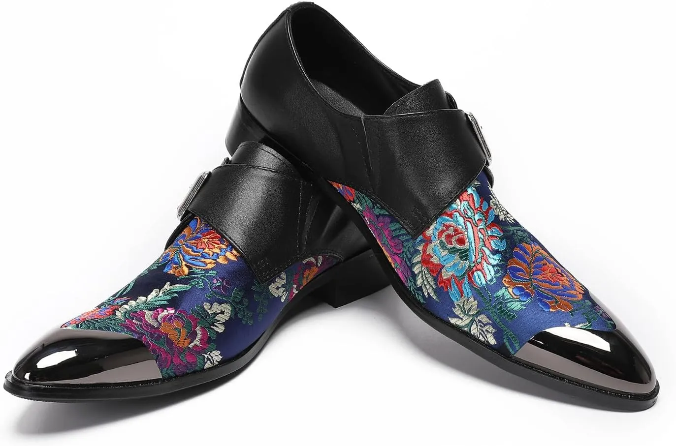 Mens Loafers Casual Dress Buckle Monk Strap Loafers Genunie Leather Metal Wingtip Embroidered Flower Mocasines Ballroom Party Disco Western Loafer Fashion Two Tone Tuxedo Shoes for Men