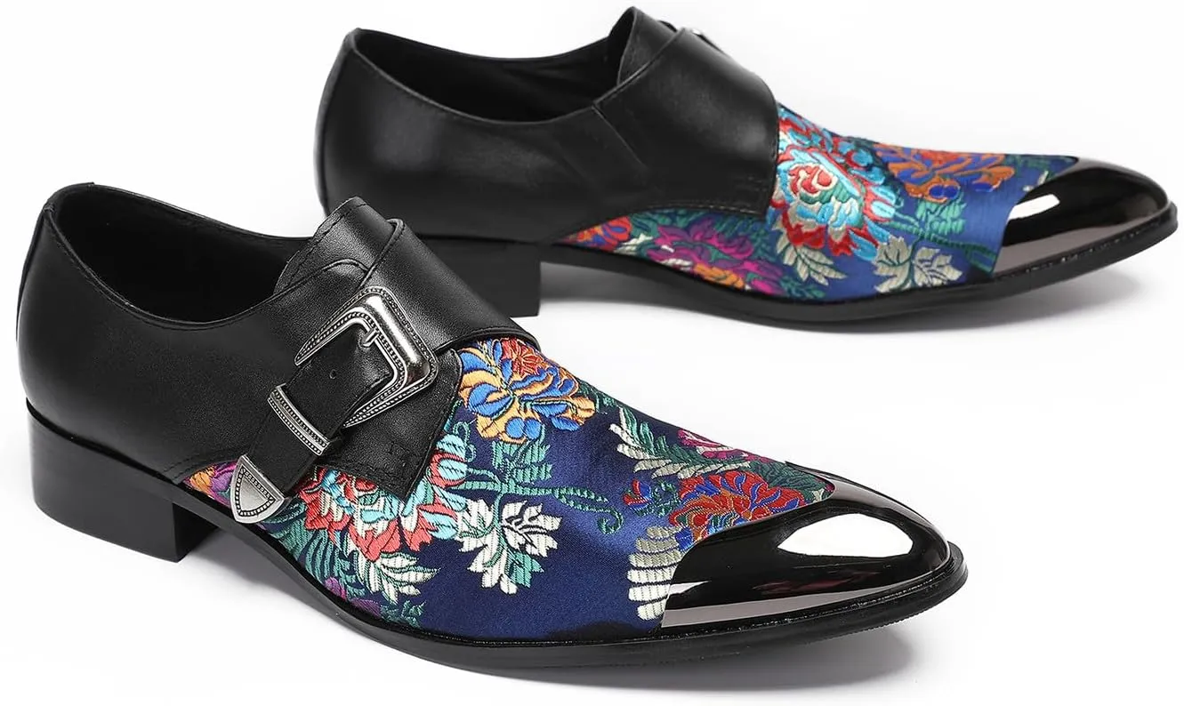 Mens Loafers Casual Dress Buckle Monk Strap Loafers Genunie Leather Metal Wingtip Embroidered Flower Mocasines Ballroom Party Disco Western Loafer Fashion Two Tone Tuxedo Shoes for Men