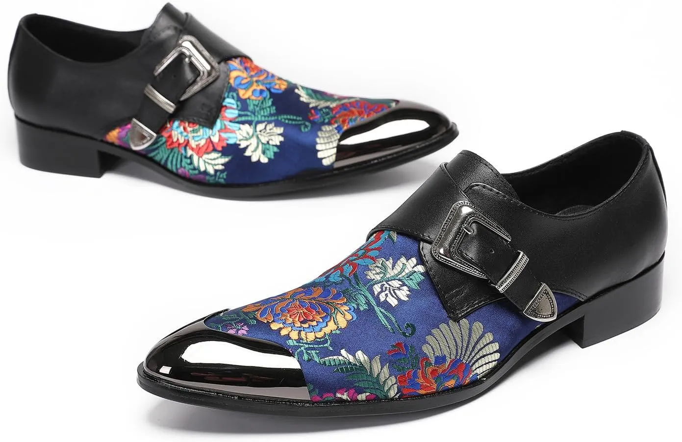 Mens Loafers Casual Dress Buckle Monk Strap Loafers Genunie Leather Metal Wingtip Embroidered Flower Mocasines Ballroom Party Disco Western Loafer Fashion Two Tone Tuxedo Shoes for Men
