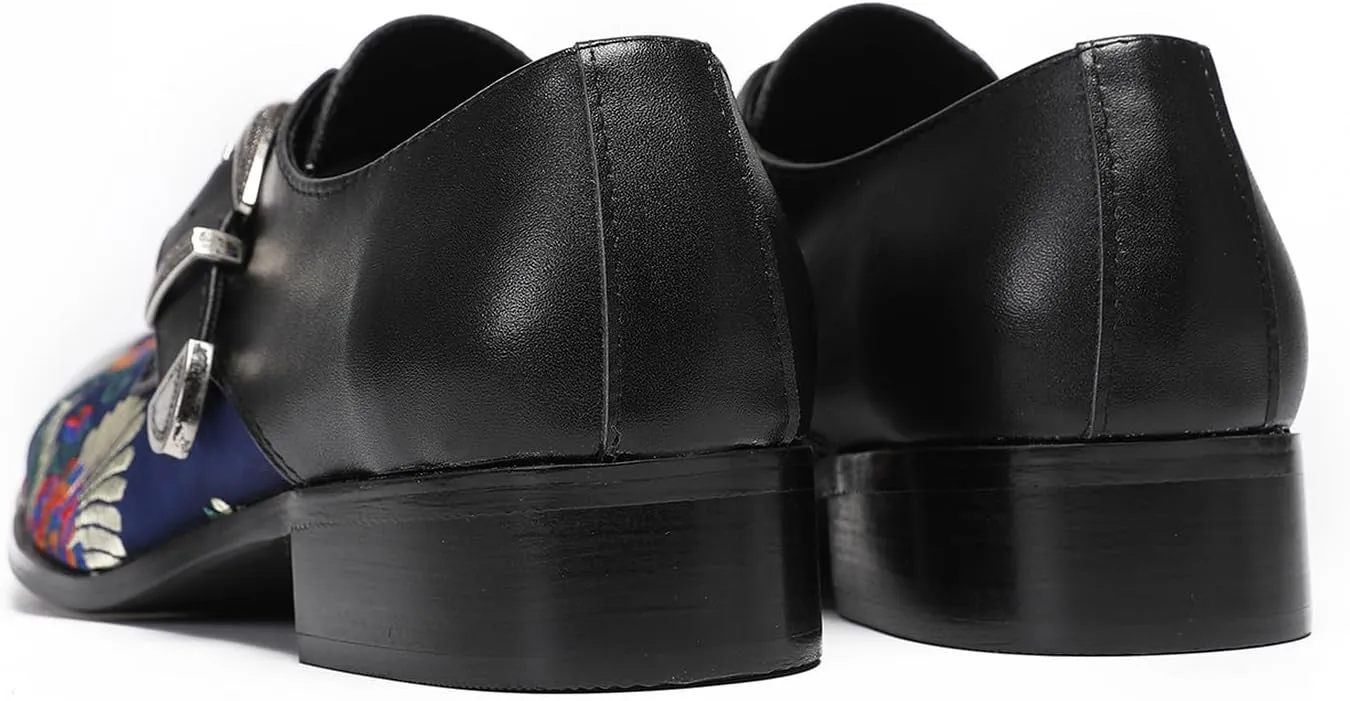 Mens Loafers Casual Dress Buckle Monk Strap Loafers Genunie Leather Metal Wingtip Embroidered Flower Mocasines Ballroom Party Disco Western Loafer Fashion Two Tone Tuxedo Shoes for Men