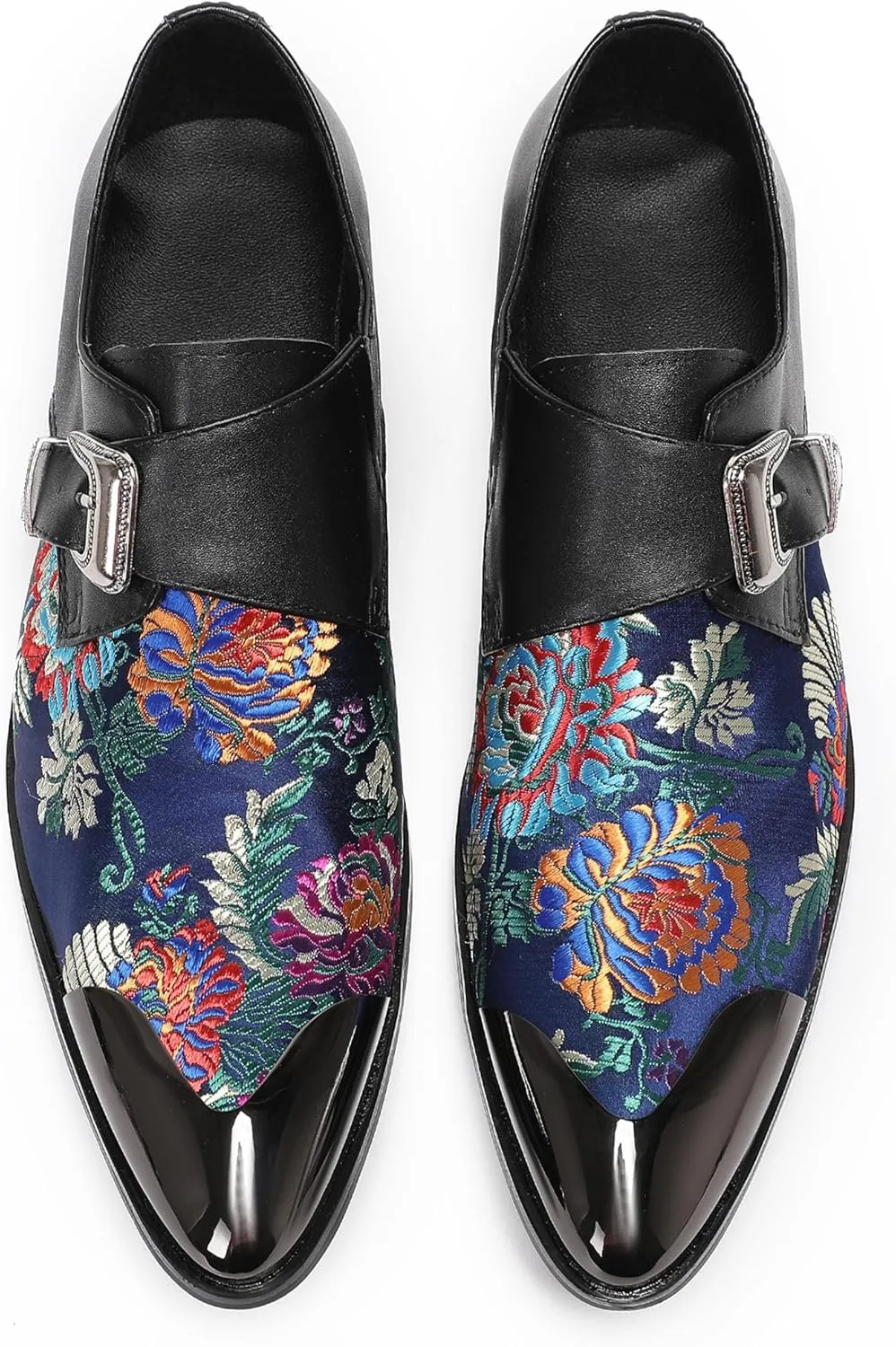 Mens Loafers Casual Dress Buckle Monk Strap Loafers Genunie Leather Metal Wingtip Embroidered Flower Mocasines Ballroom Party Disco Western Loafer Fashion Two Tone Tuxedo Shoes for Men