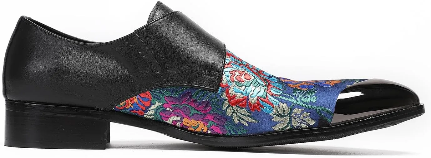 Mens Loafers Casual Dress Buckle Monk Strap Loafers Genunie Leather Metal Wingtip Embroidered Flower Mocasines Ballroom Party Disco Western Loafer Fashion Two Tone Tuxedo Shoes for Men