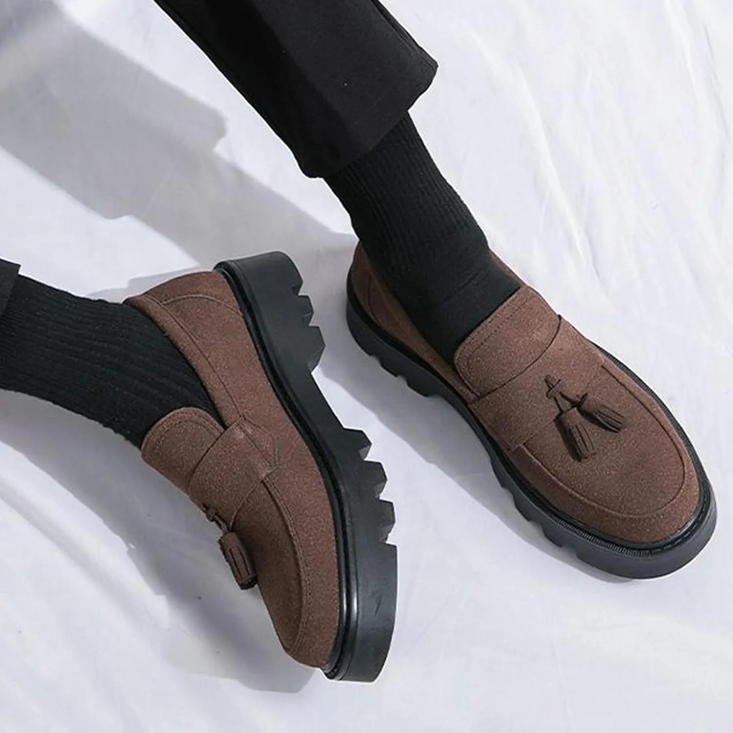 Men's Suede Tassel Platform Round Toe Casual Loafers Classic Retro Lug Sole Non Slip Chunky Heel Dress Business Penny Loafers for Party Formal Work Wedding