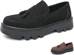 Men's Suede Tassel Platform Round Toe Casual Loafers Classic Retro Lug Sole Non Slip Chunky Heel Dress Business Penny Loafers for Party Formal Work Wedding