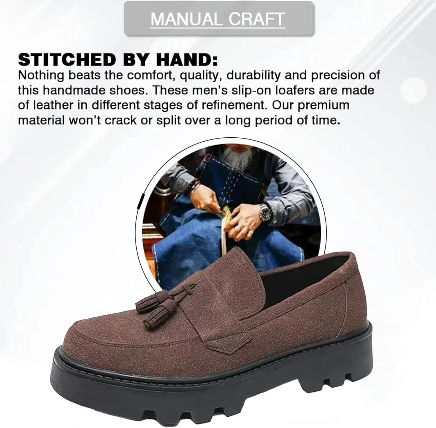 Men's Suede Tassel Platform Round Toe Casual Loafers Classic Retro Lug Sole Non Slip Chunky Heel Dress Business Penny Loafers for Party Formal Work Wedding